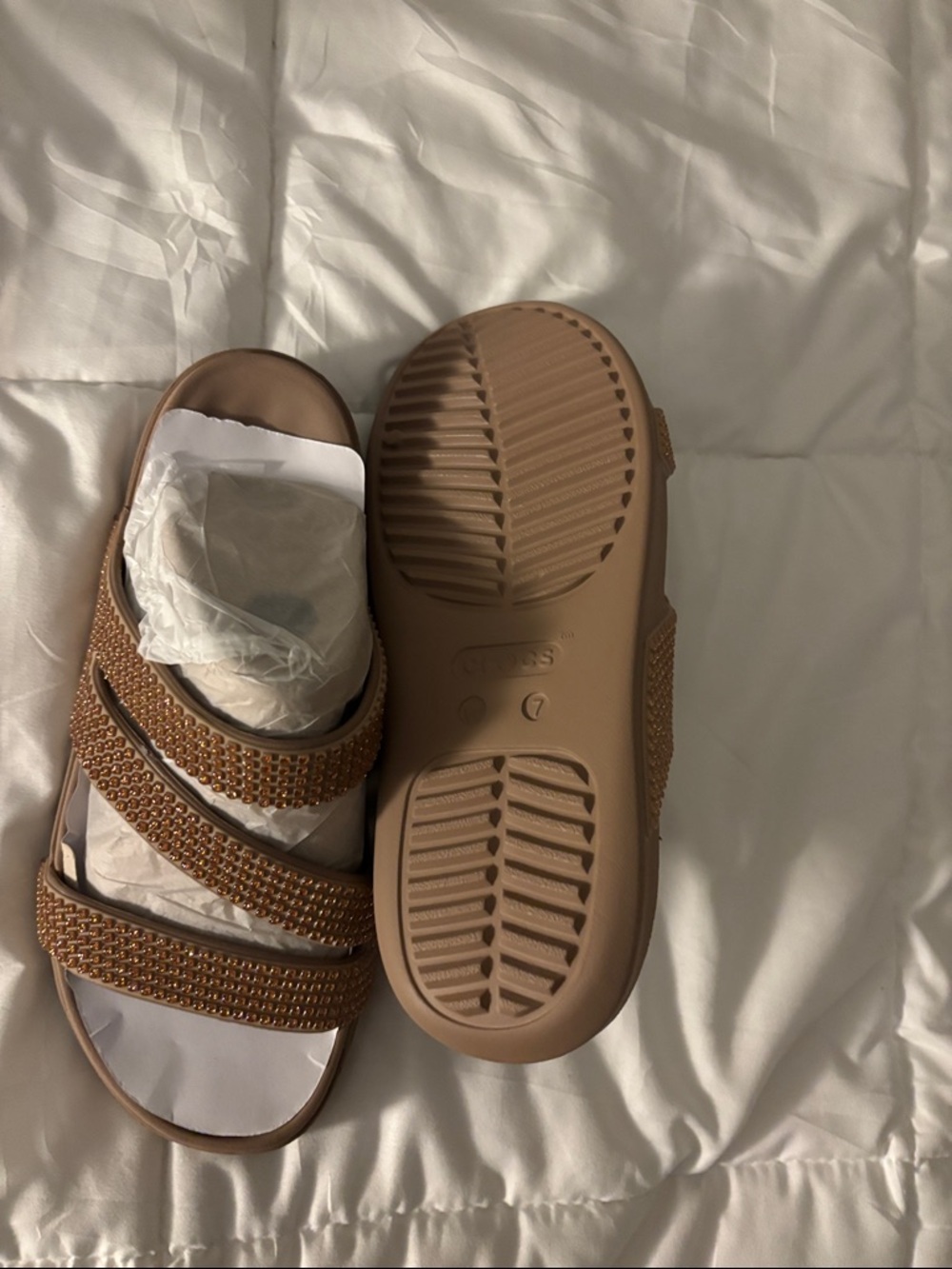 CROCS Brown Crystal-Embellished Women’s Slide Sandals - Picture 3 of 3